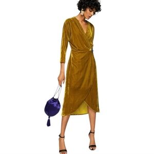Mng Suit Crush Honey Gold Velvet 3/4 Sleeve Wrap Dress w/ Purple Crystal Brooch
